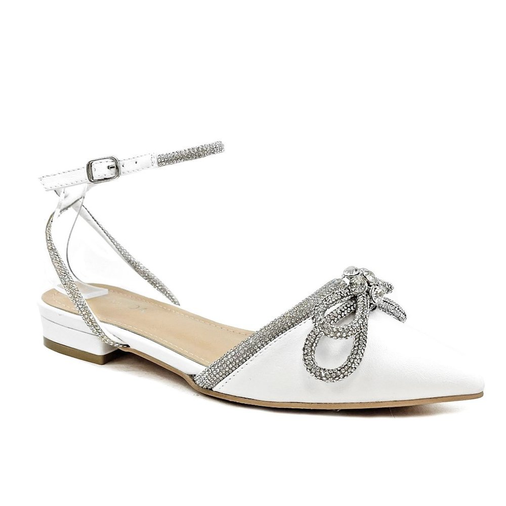New White Bow Rhinestone Flats Blingy Ankle Straps